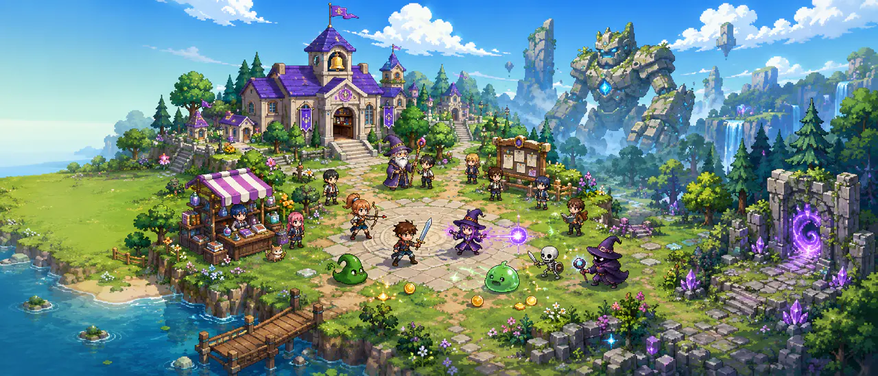 โลก MMO ของ QuestClass มีเมือง โรงเรียน NPC ร้านค้า ผู้เล่น มอนสเตอร์ และ World Boss